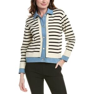 *NWT* Nanette By Nanette Lepore Denim Trim Black and Cream Striped Cardigan